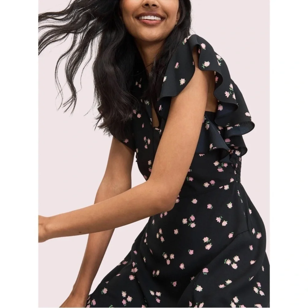 Kate Spade Ditsy Begonia flutter sleeve black floral dress sz 6